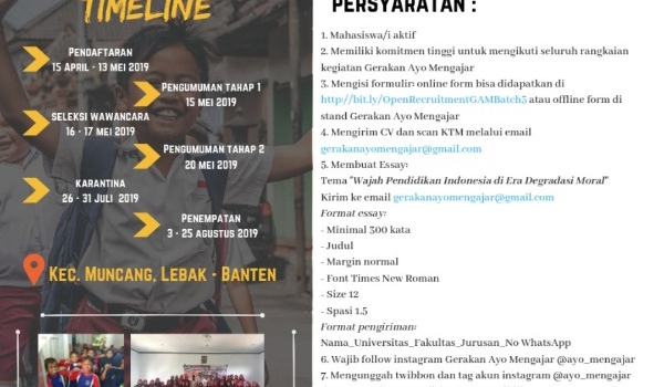 OPEN RECRUITMENT GERAKAN AYO MENGAJAR BATCH 5 / 15 Apr 2019 - 13 Mei 2019