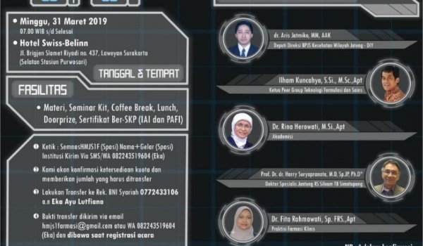 SEMINAR NASIONAL & WORKSHOP :  Peningkatan Pelayanan Kefarmasian Pada Pasien Penyakit Jantung di Era Jaminan Kesehatan Nasional / 31 Mar 2019